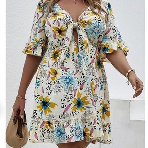 NEW SHEIN Plus Floral Tie Front Flounce Sleeve Ruffle Hem Dress Size 1XL Boho